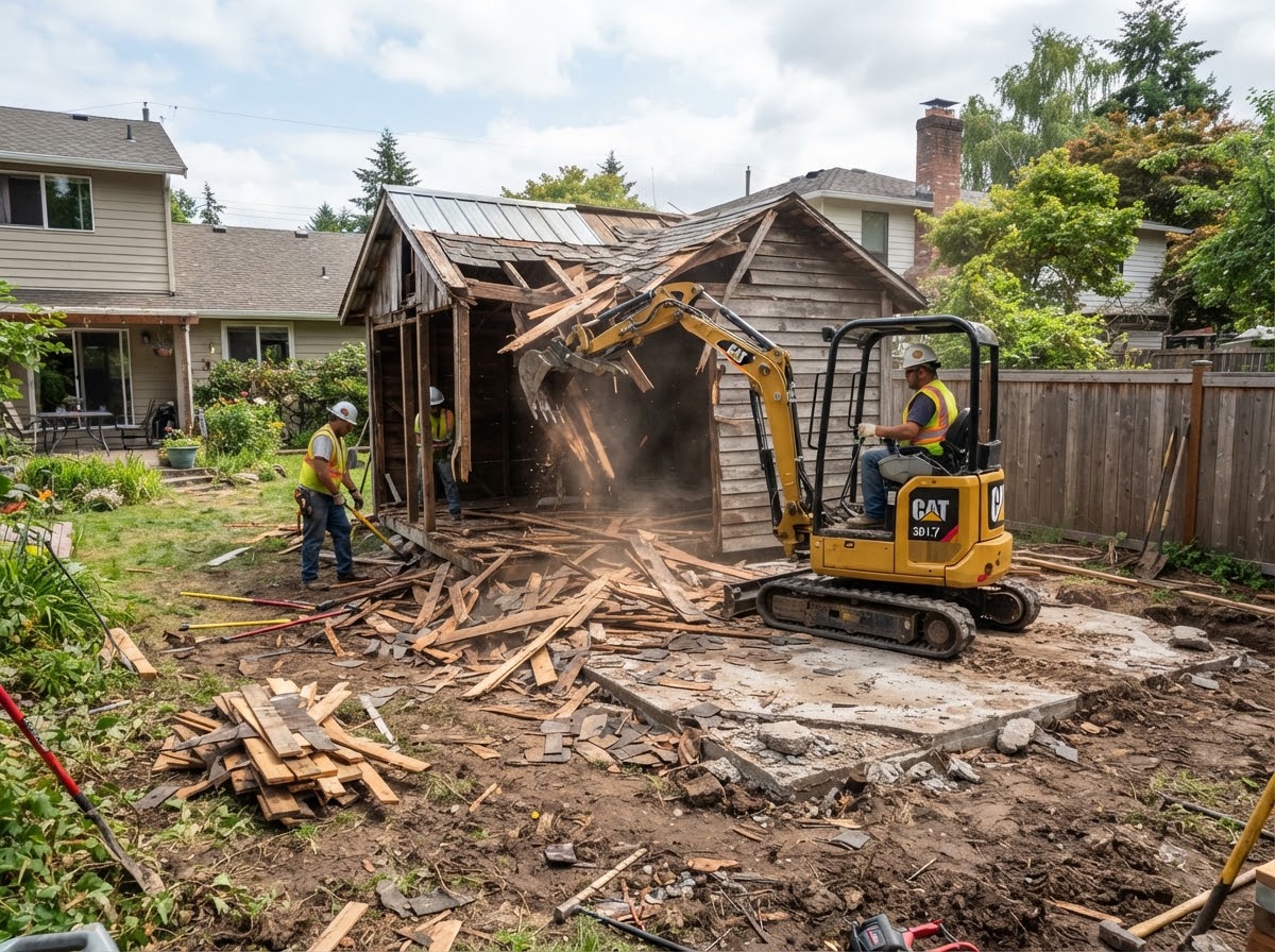 Demolition of a shed in a backyard