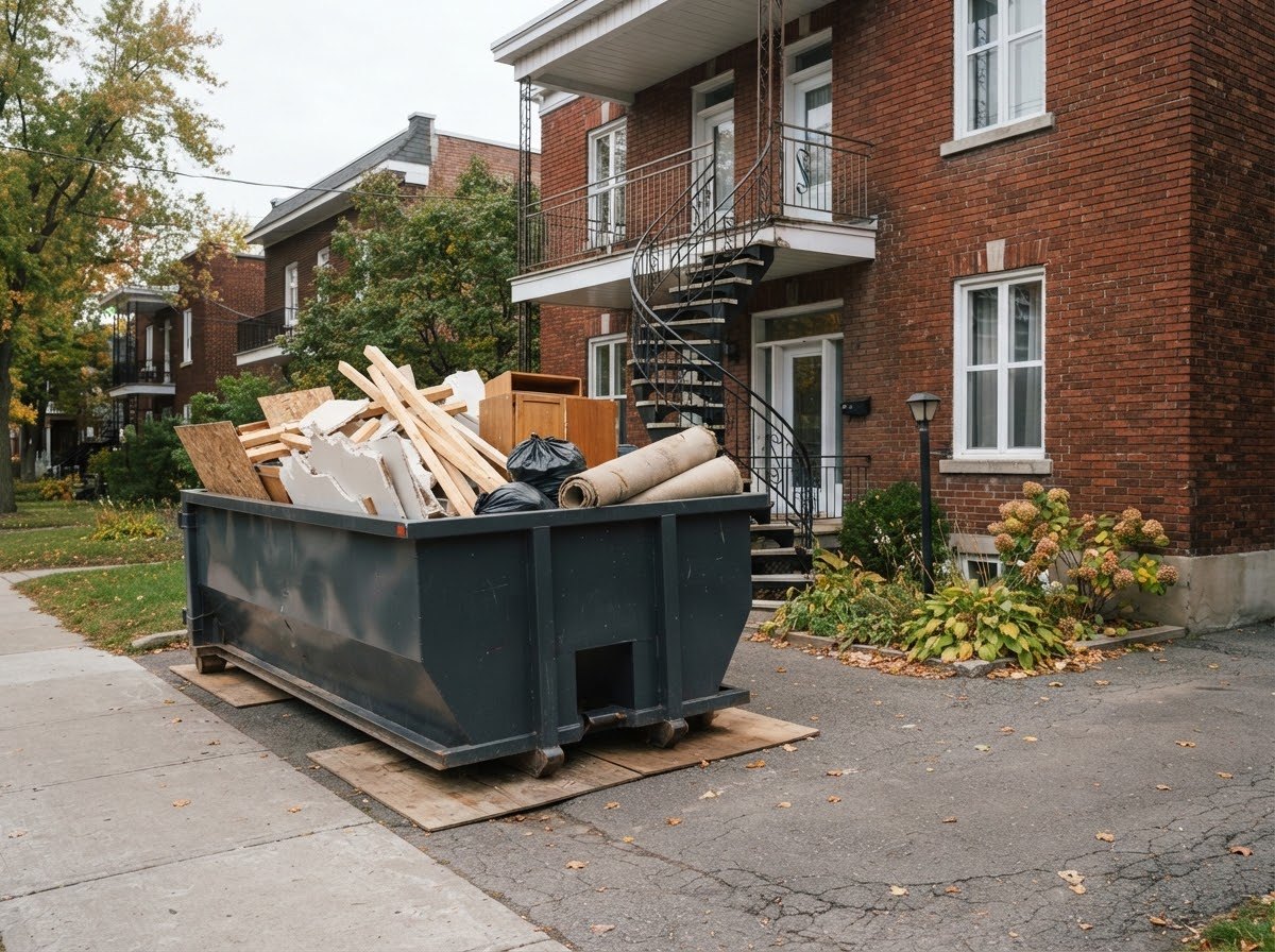 Dumpster filled with renovation debris in front of a duplex