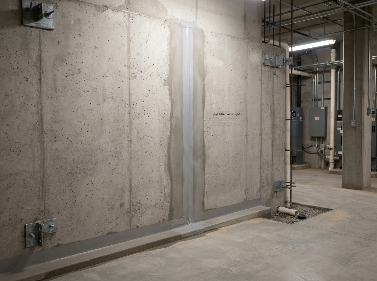 Repaired foundation wall in a basement