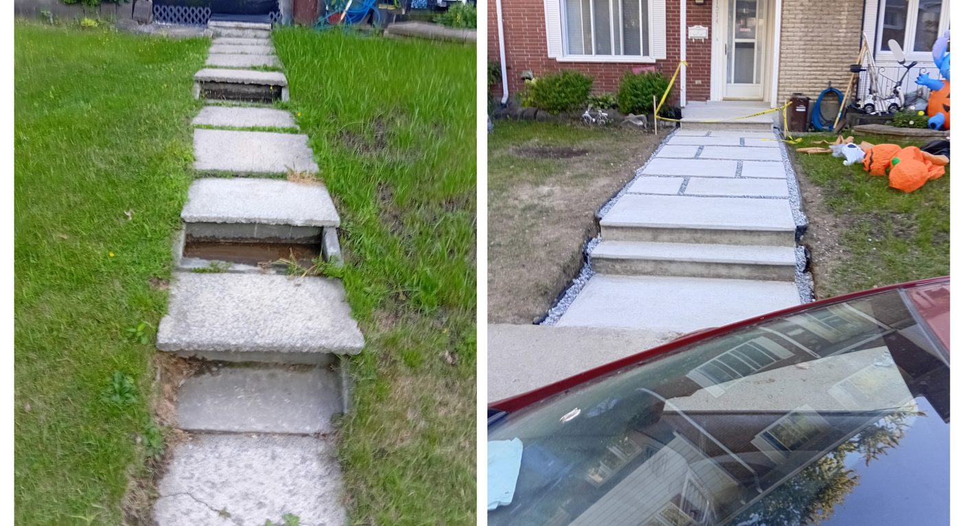 Concrete sidewalk before and after the work